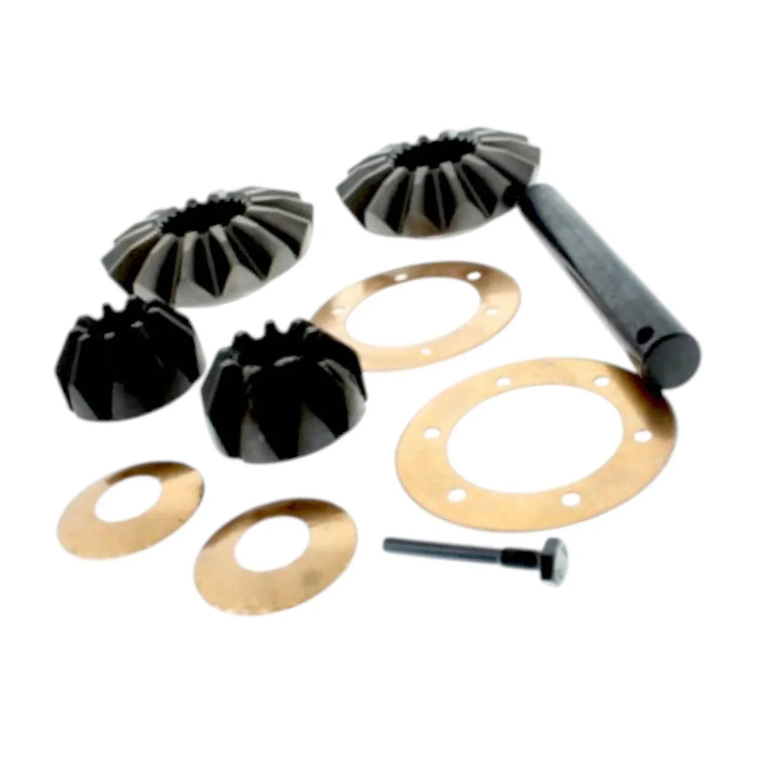 JCB differential gear set components including gears, washers, and pin for drivetrain maintenance