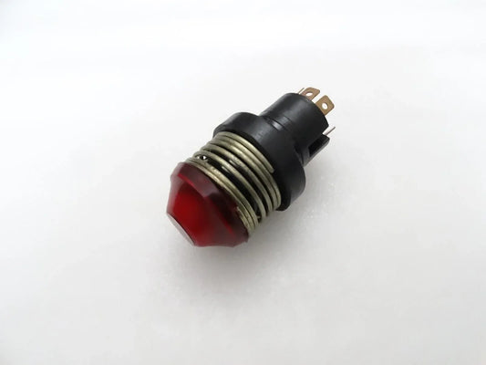 Red spring push button warning light switch with black housing and metal terminals