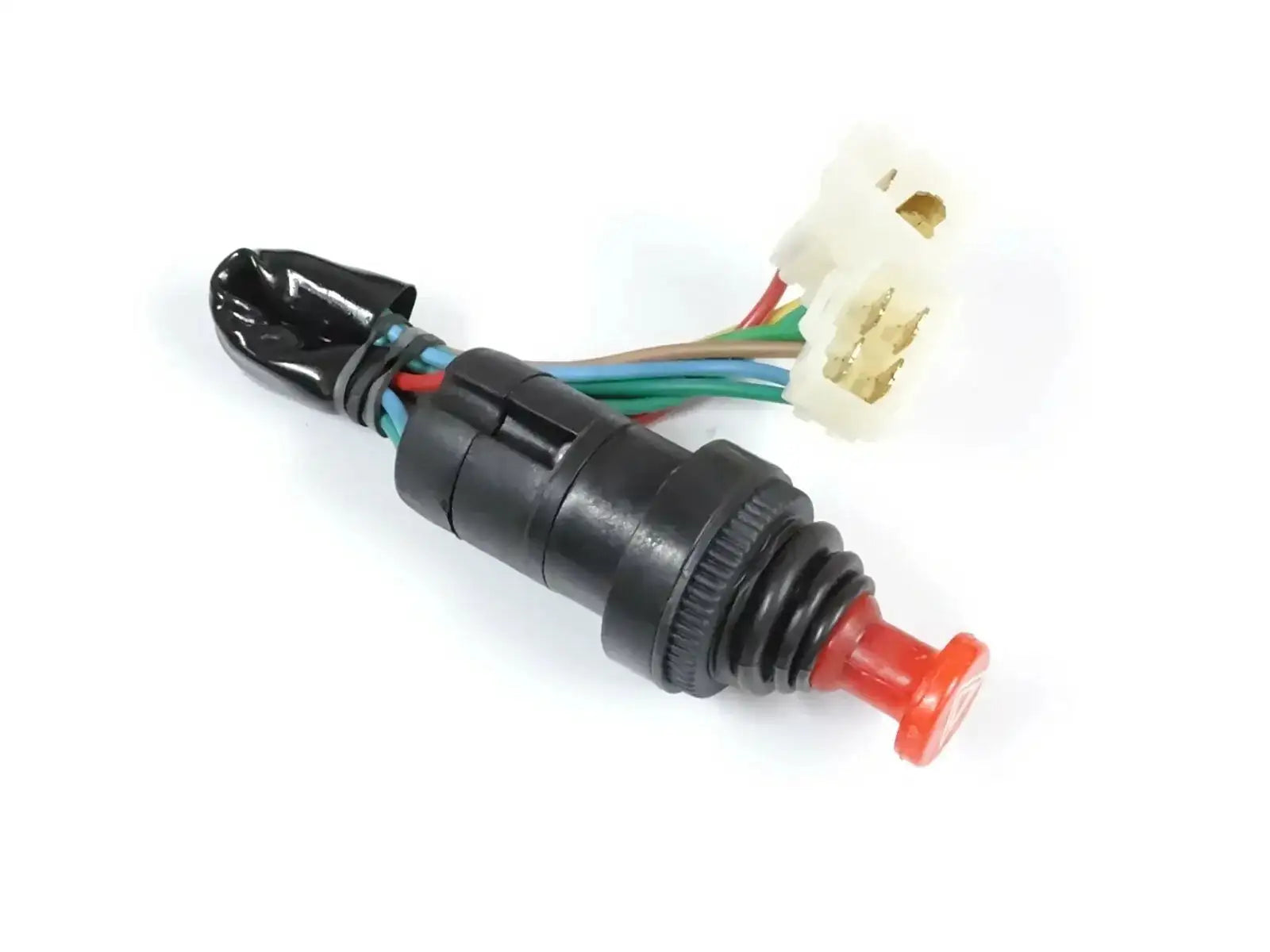 Push-pull hazard light switch with red button, black housing, and wiring connector