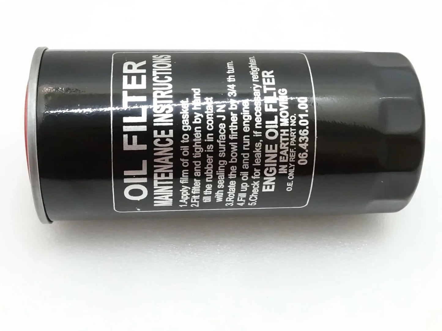 Black cylindrical engine oil filter with printed label