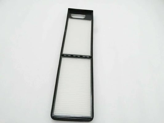 Cab air filter with two rectangular white filter elements in black frame