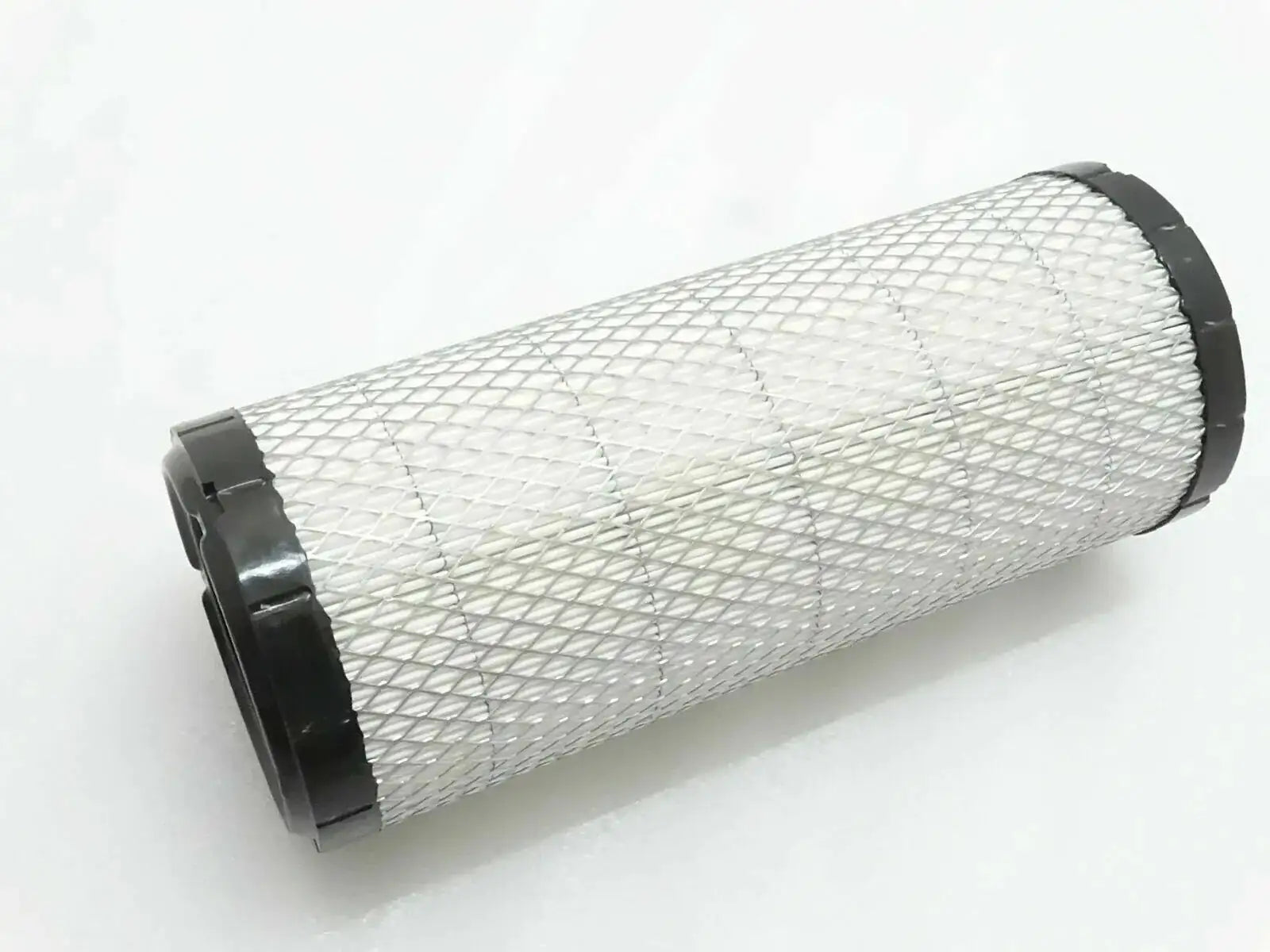 Cylindrical filter element with white mesh filter and black end caps