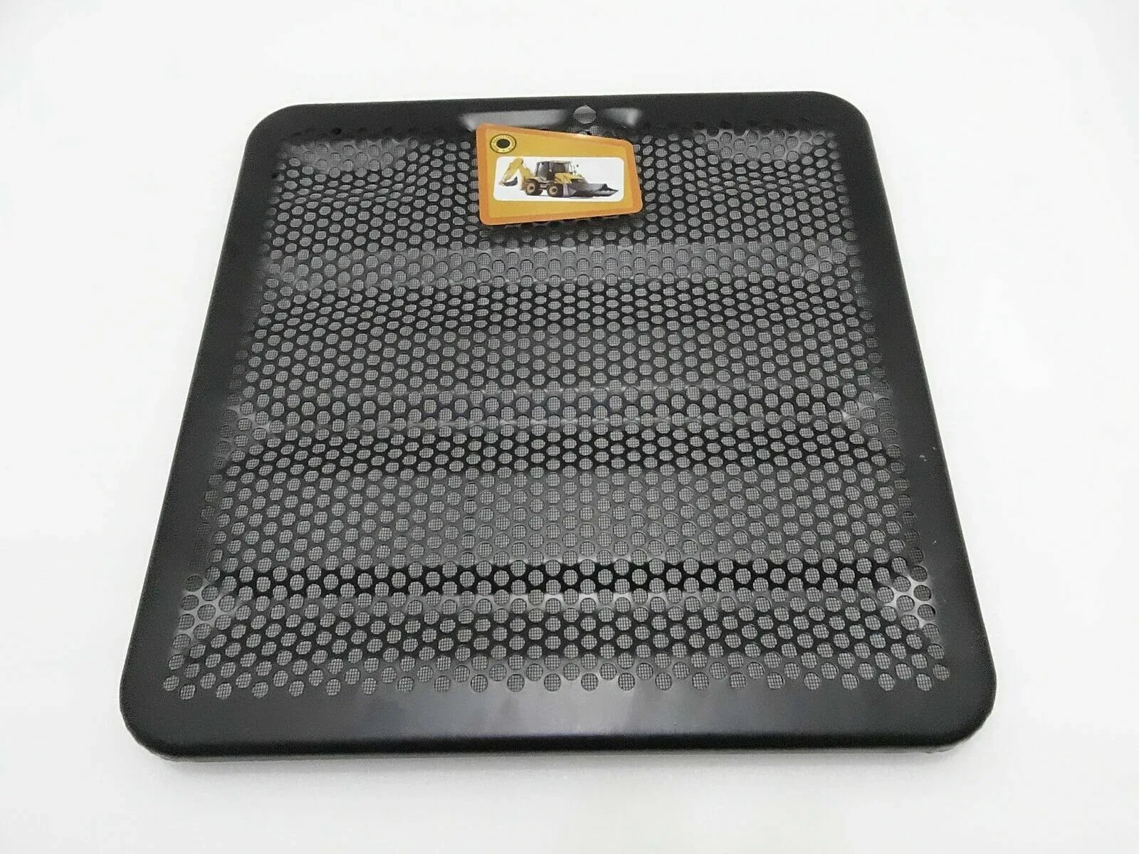 Front mesh grill panel with rectangular badge, dark gray/black