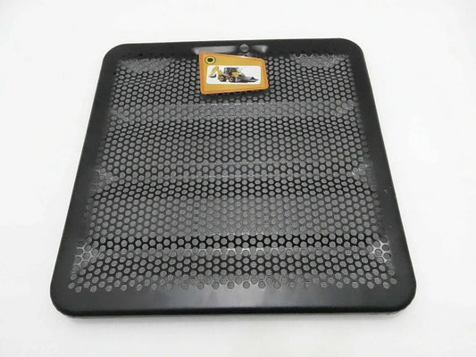 Front mesh grill panel with rectangular badge, dark gray/black