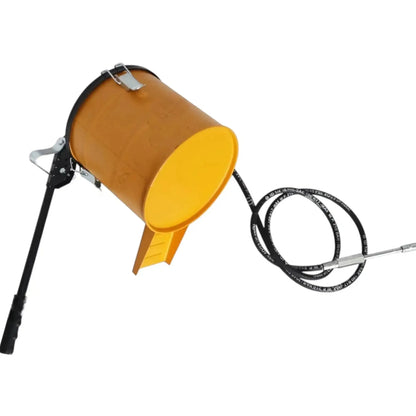 Grease pump with brown bucket cover, yellow base, and coiled black hose