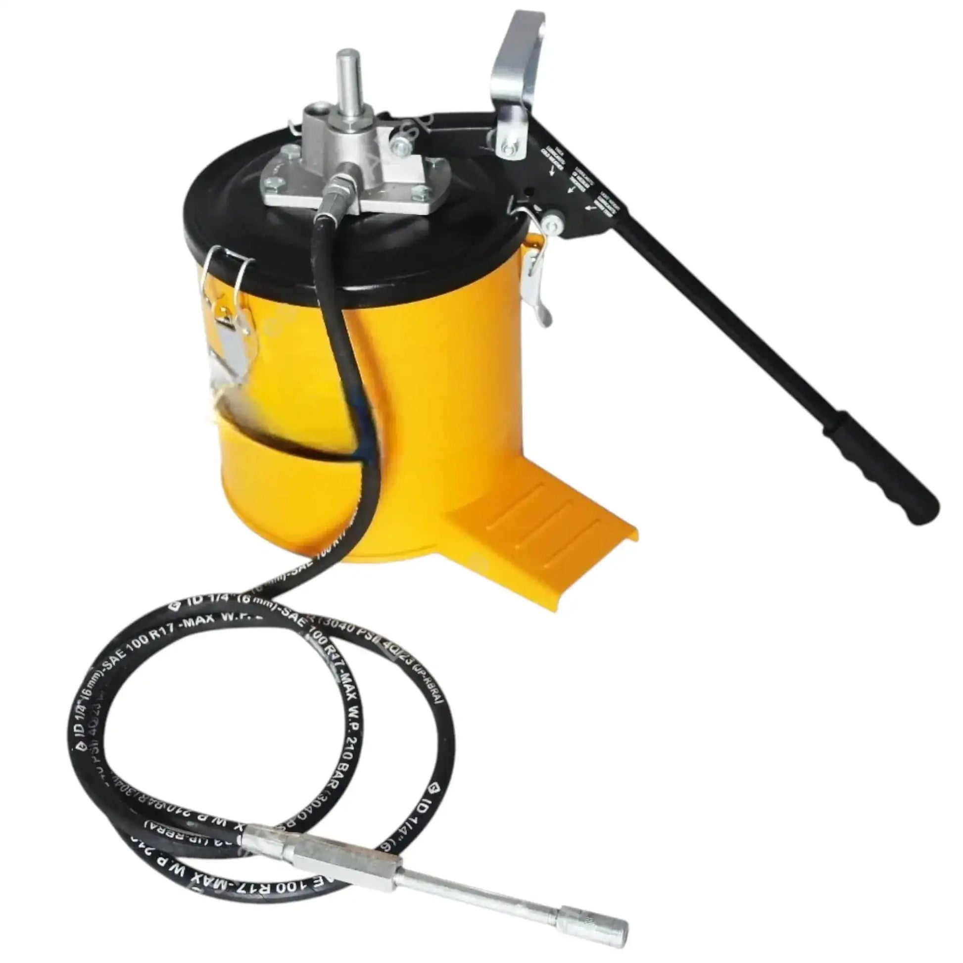 Grease pump unit with yellow bucket and black hose, featuring dispensing lever
