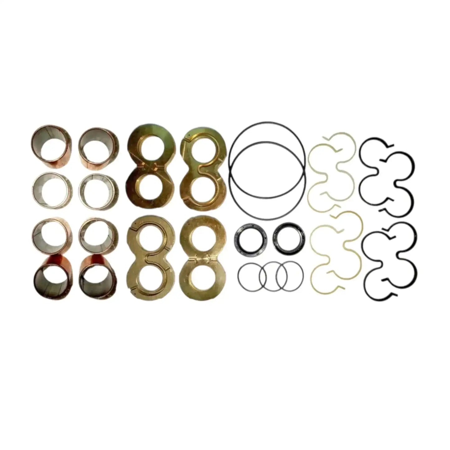 Hydraulic pump repair kit with assorted metal rings, O-rings, and gasket shapes