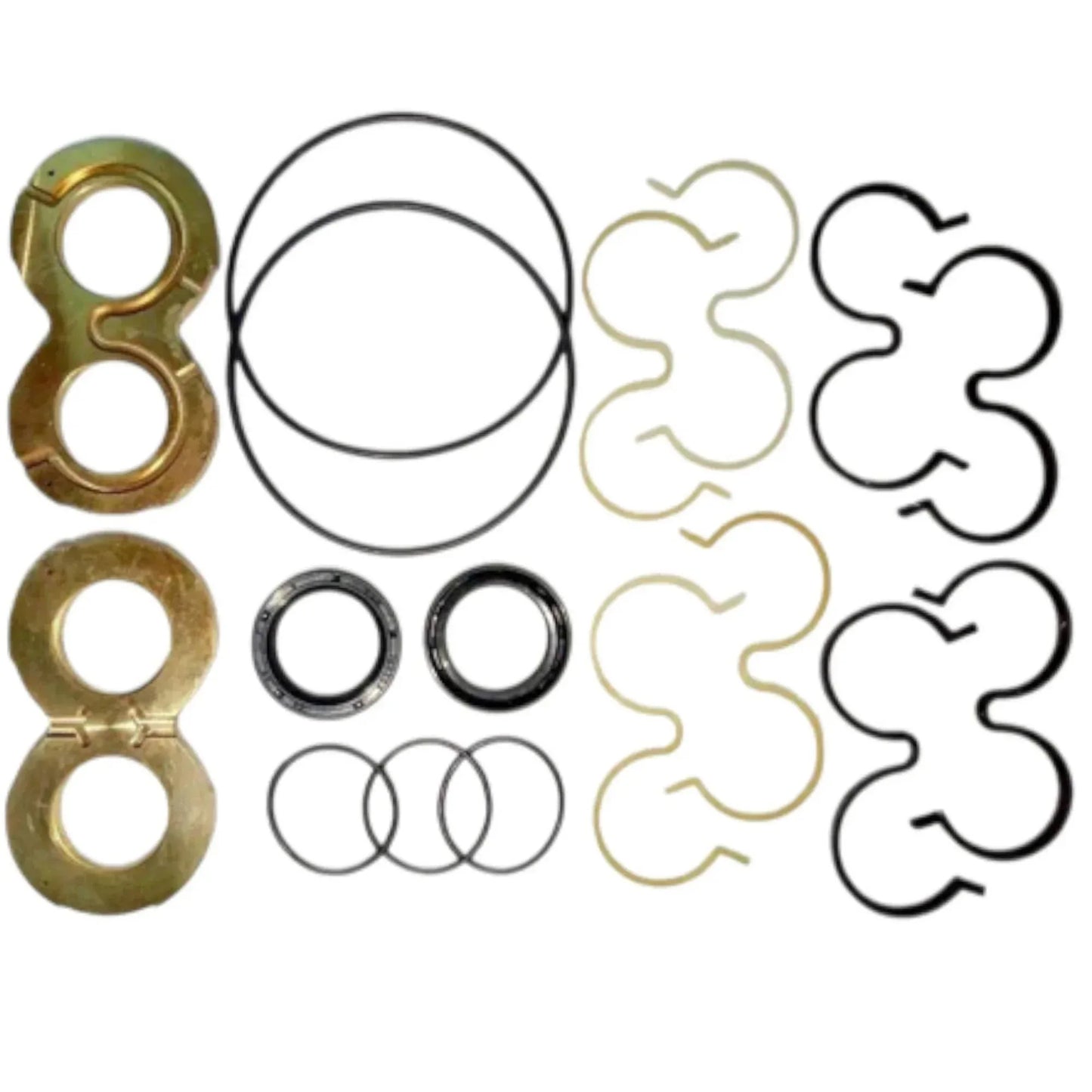 JCB hydraulic pump repair kit with various seals and fasteners for pump restoration