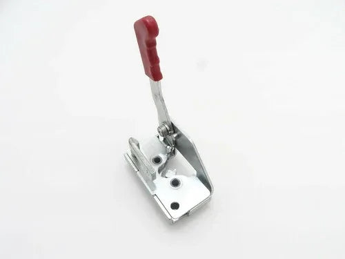 JCB latch lock left side made of durable metal with a red handle for secure fastening