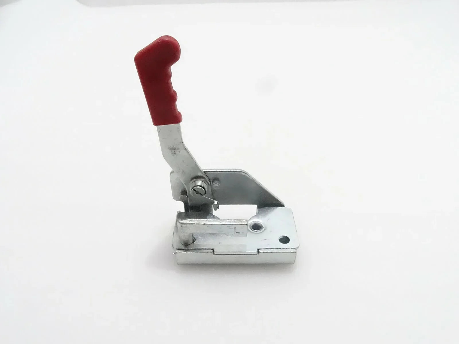 Metal latch lock with red handle, left-side style