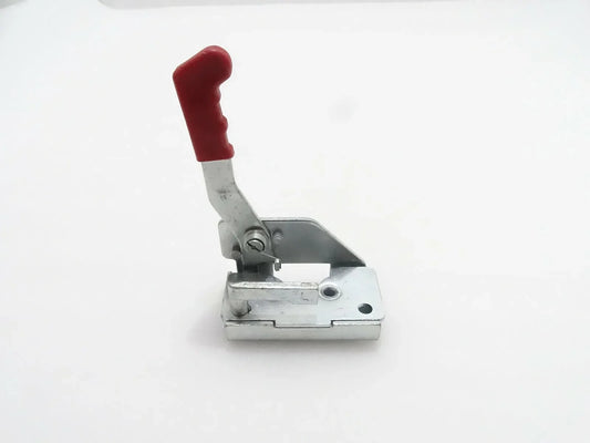 Metal latch lock with red handle, left-side style