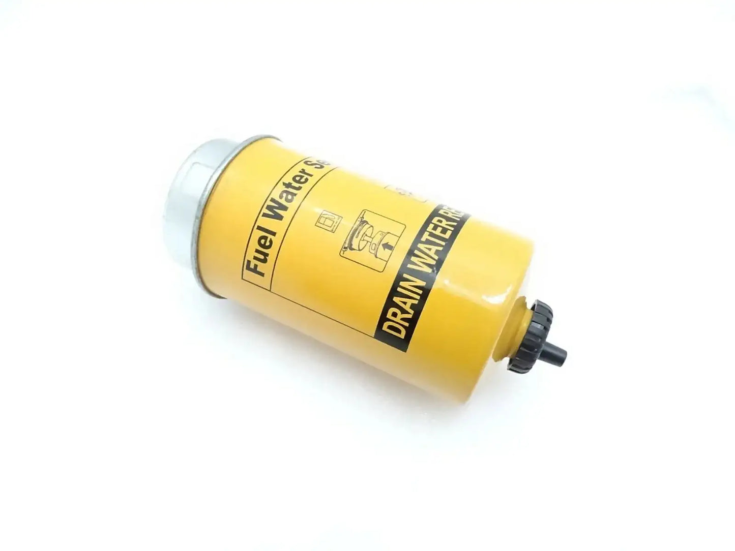 Fuel filter, yellow cylindrical canister with black fittings and Fuel Water label
