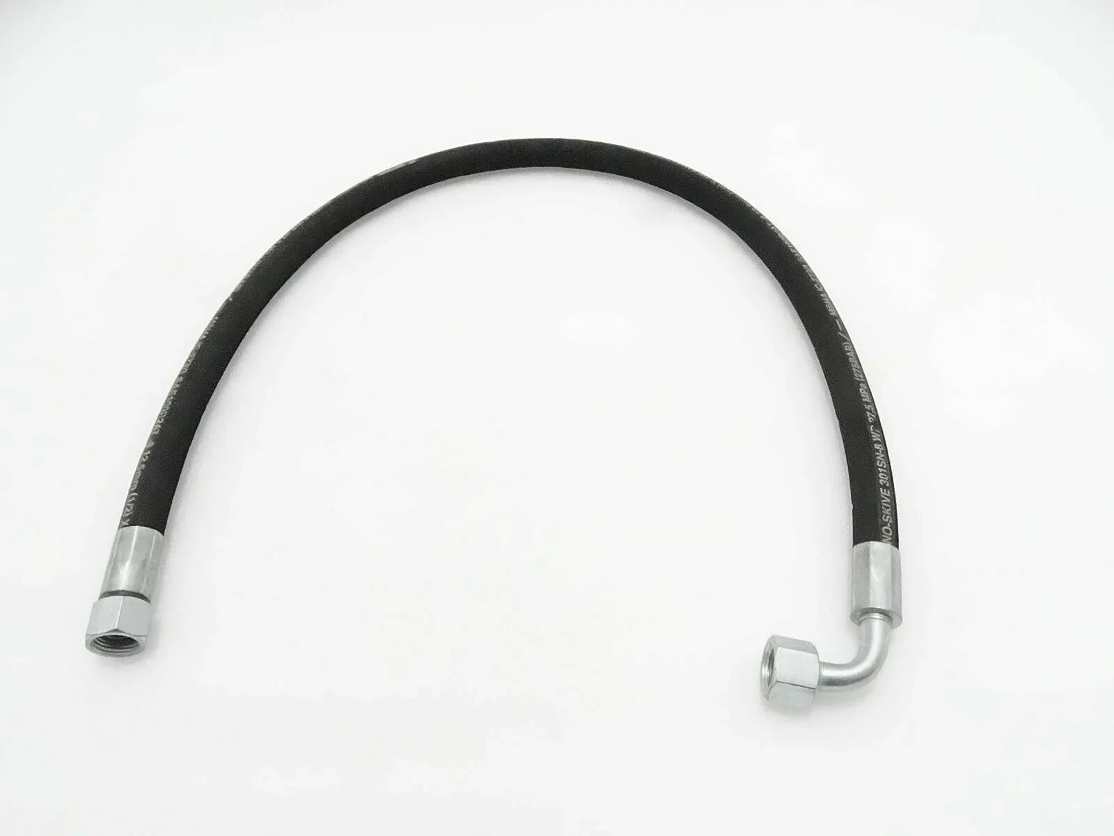 Black hydraulic hose with curved metal fittings, 1/2 BSP