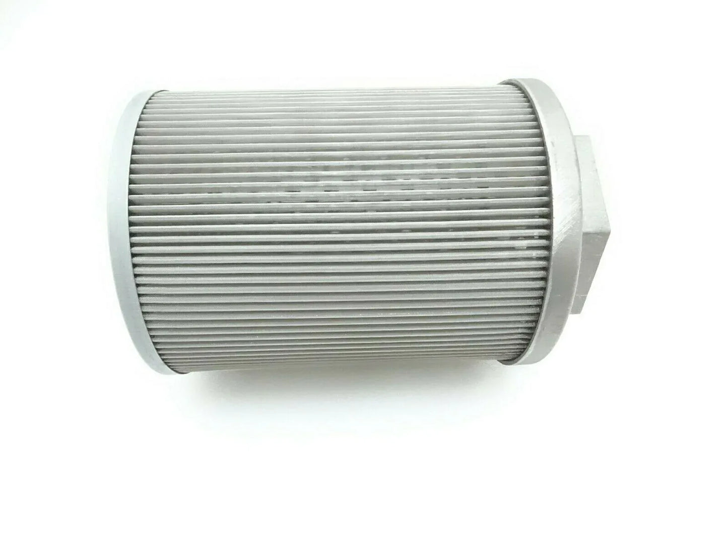 Cylindrical suction strainer with pleated mesh filter, light gray