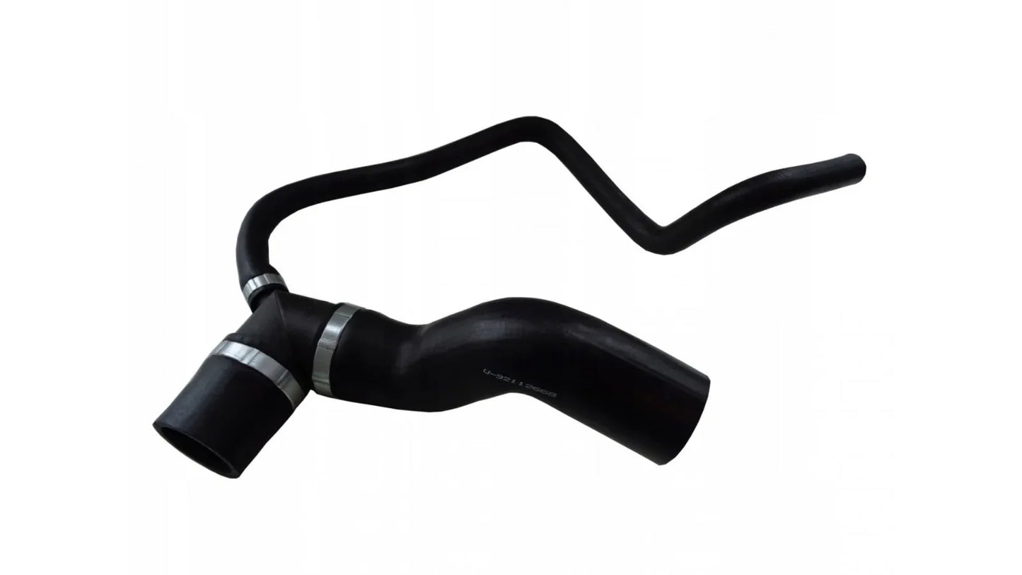 Black radiator hose with curved rubber sections and metal clamp ends