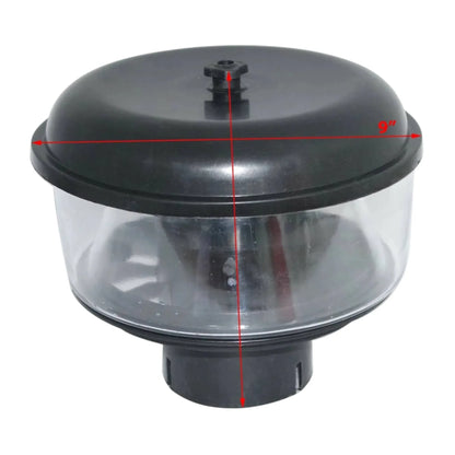 JCB tractor pre air cleaner bowl with a clear body and black top, measuring 9 inches in diameter