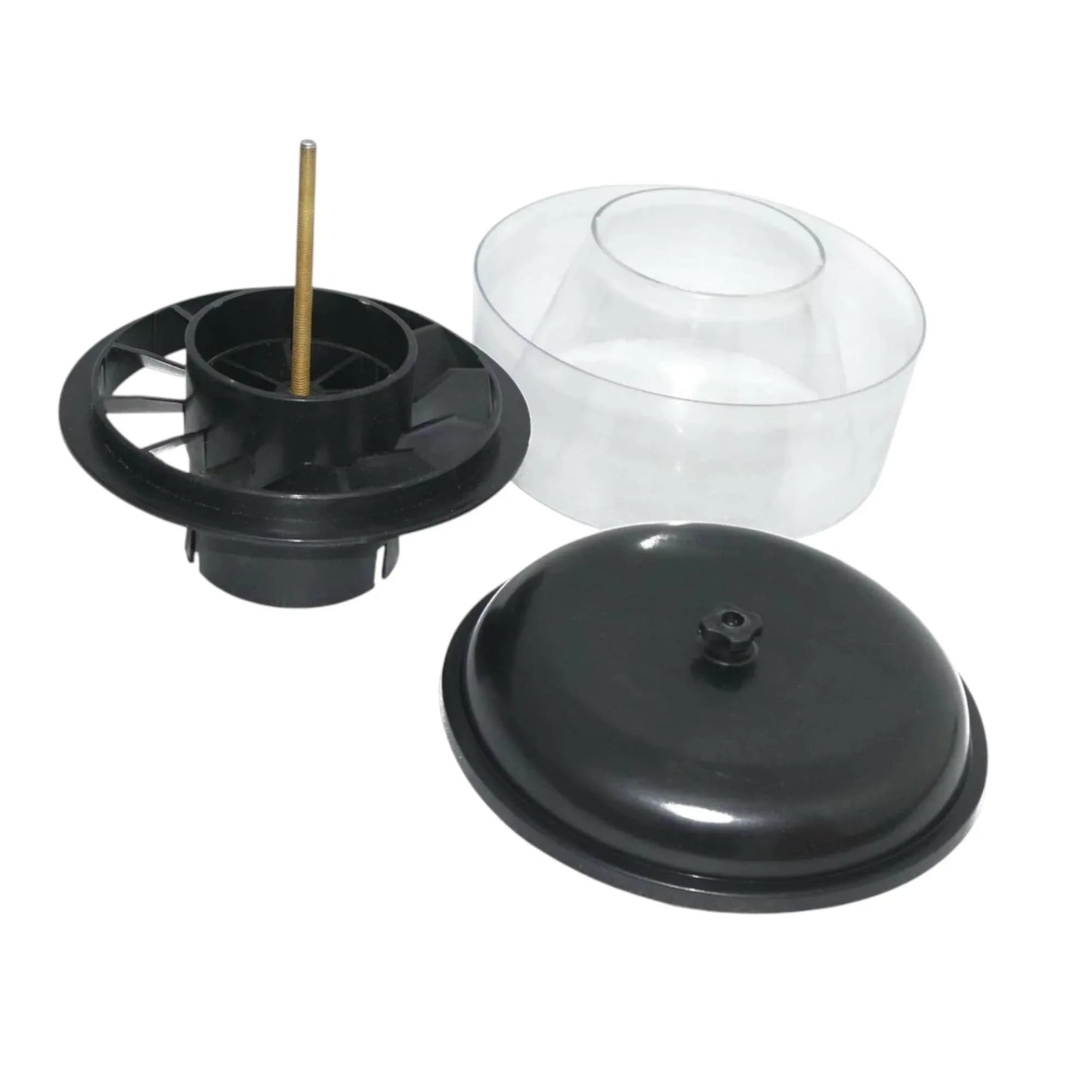 JCB tractor pre air cleaner bowl set with a clear outer bowl and black inner components