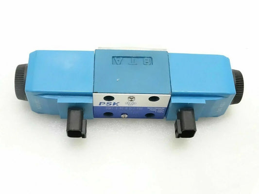 Blue valve solenoid with two front ports and black mounting blocks
