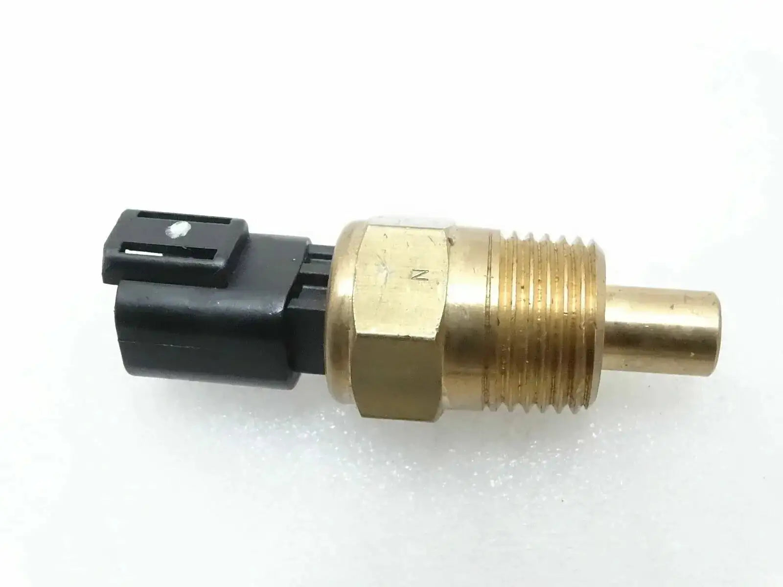 Brass temperature sensor with threaded tip and black electrical connector
