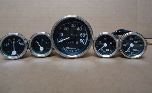 Speedometer gauge kit with five round gauges, chrome bezels, black faces