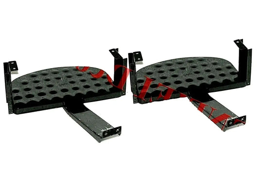 Set of two metal footrests with perforated black pads and red accent brackets