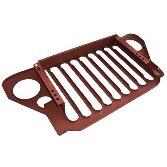 Primer-coated steel radiator grille, brown with vertical slots and mounting holes