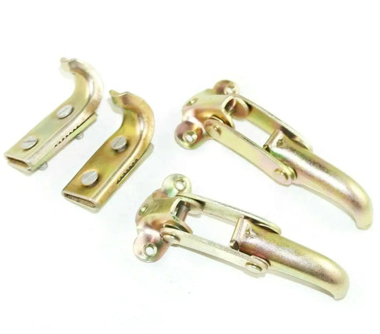 Interior windshield latch set, metal latch brackets and hooks, gold-tone
