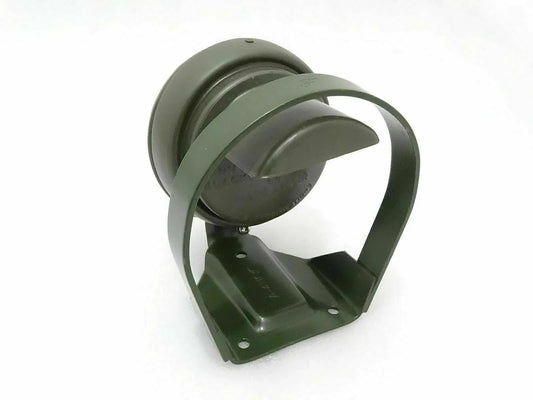 Olive green headlamp bracket with circular mounting ring and base plate