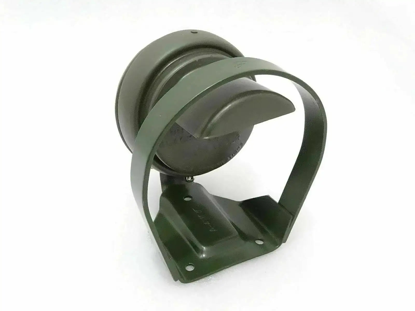 Olive green headlamp bracket with circular mounting ring and base plate