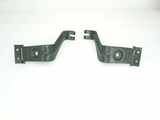 Pair of dark green metal headlight mounting brackets with mounting tabs