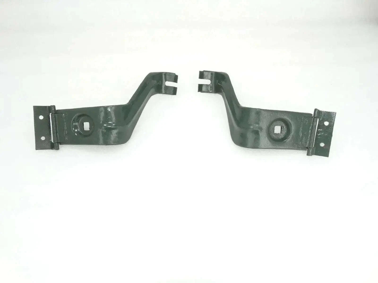Pair of dark green metal headlight mounting brackets with mounting tabs