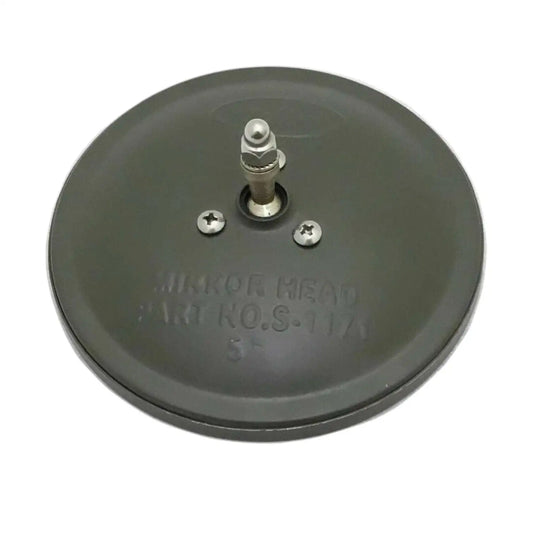 Round dark green mirror head with central threaded stud and mounting screws
