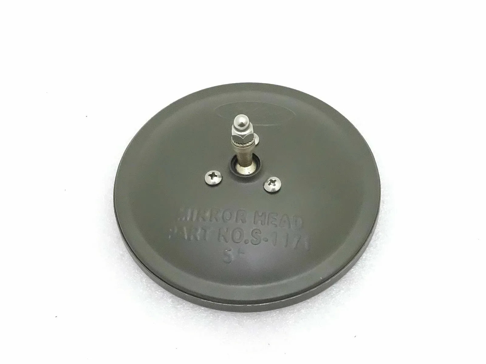 Round dark-gray mirror mount with central bolt and three screws