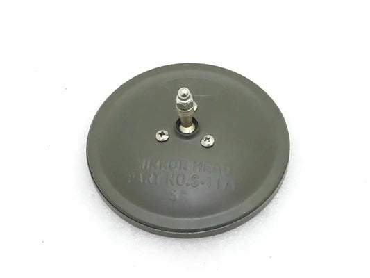 Round dark-gray mirror mount with central bolt and three screws