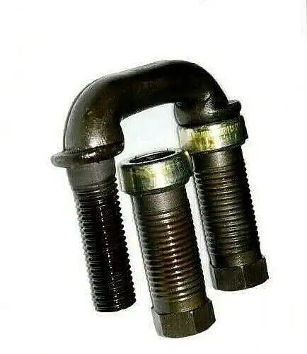 Metal U-shackle pair with threaded ends and curved U-bolt hardware