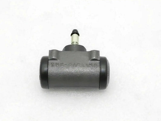 Front right wheel brake cylinder assembly with outlet port on dark metal housing