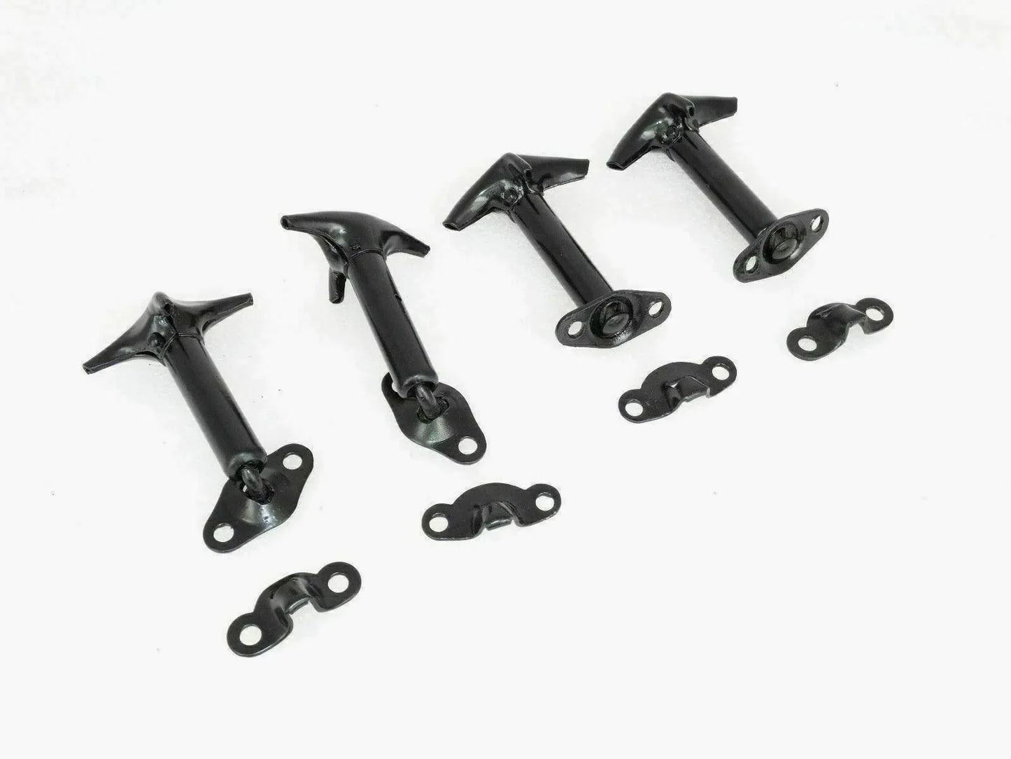 Bonnet windshield latch kit with black latch arms and mounting hardware