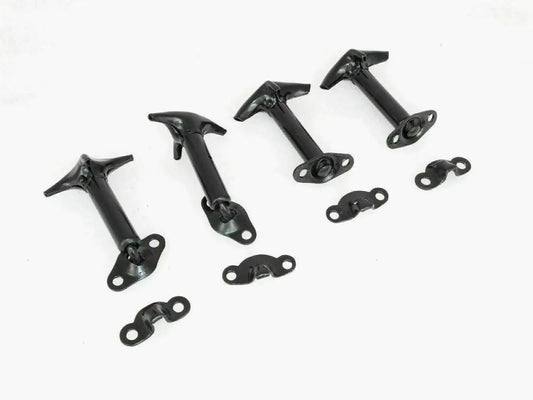Bonnet windshield latch kit with black latch arms and mounting hardware