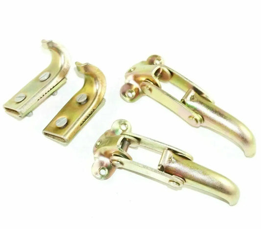 Windshield latch kit with metal brackets and latch arms, gold-tone finish