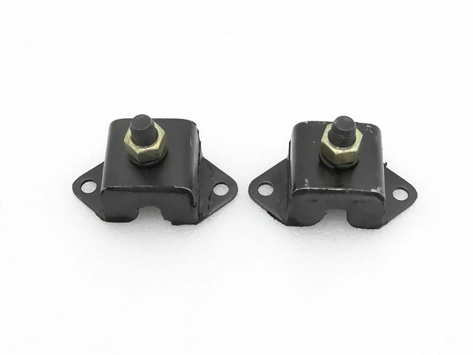 Black steel engine mount bracket with threaded stud and nut, pair