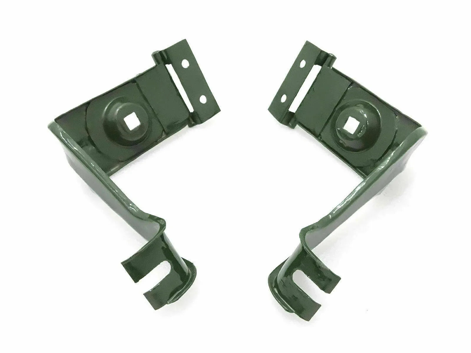 Green metal headlight mounting bracket support pair with round hole tabs