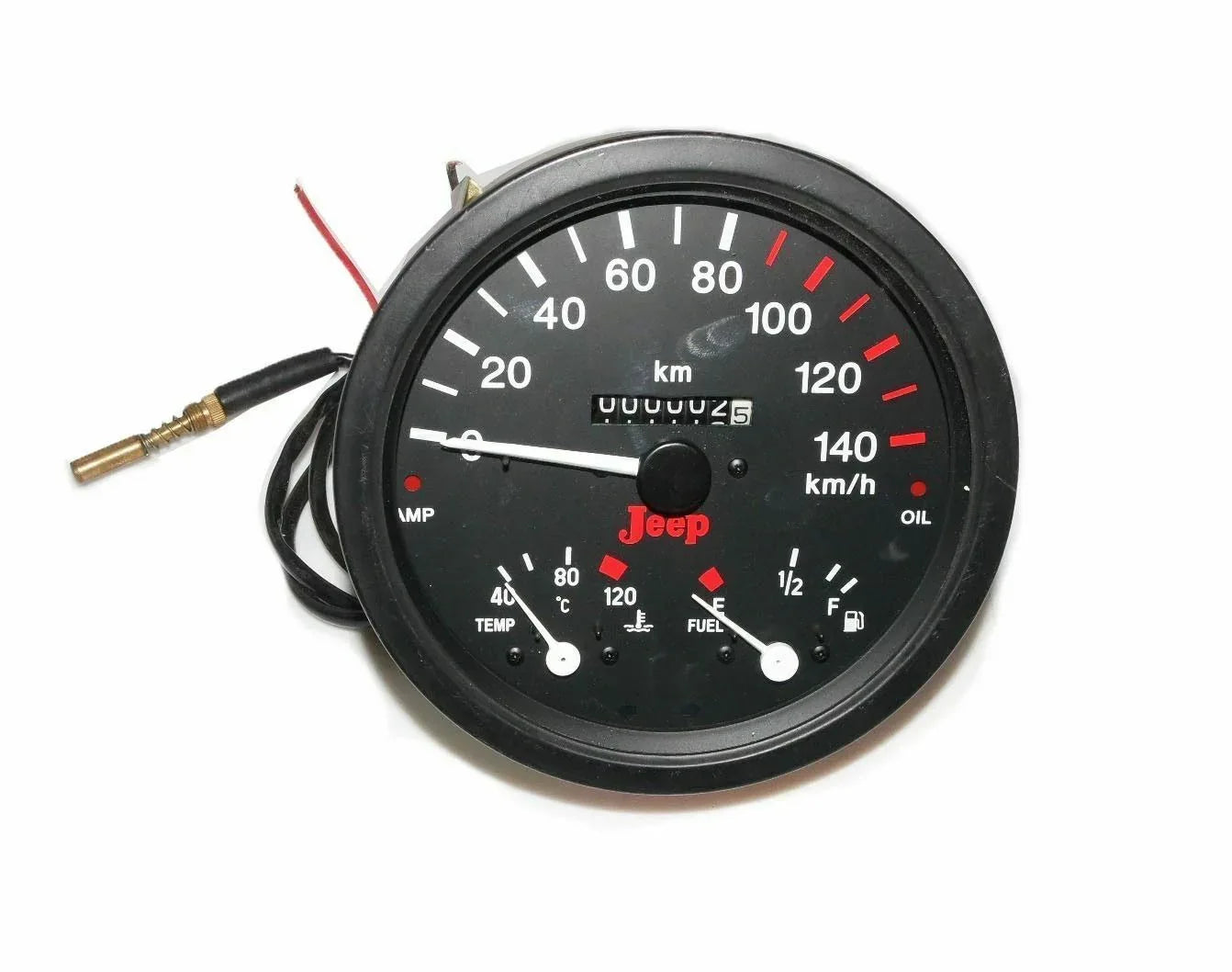Round vehicle gauge cluster with speedometer, fuel, temperature, amp and oil indicators