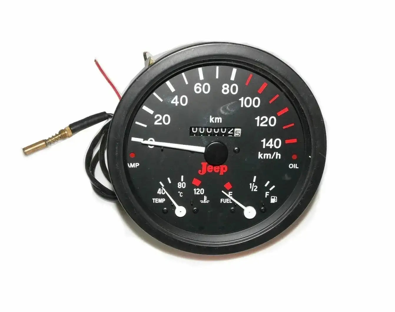 Round vehicle gauge cluster with speedometer, fuel, temperature, amp and oil indicators