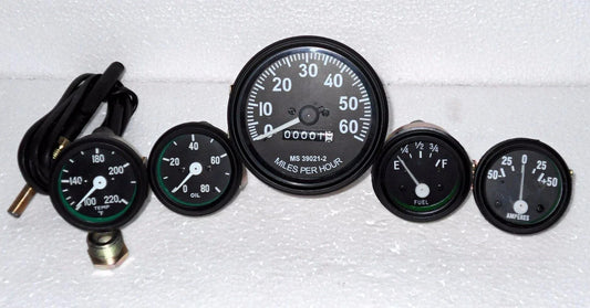 Speedometer gauge kit with five round gauges, black bezels, white markings, 12V
