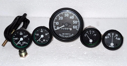 Speedometer gauge kit with five round gauges, black bezels, white markings, 12V