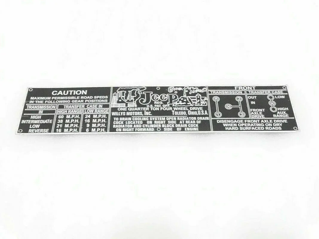 Aluminium information plate with caution text and gear speed diagram