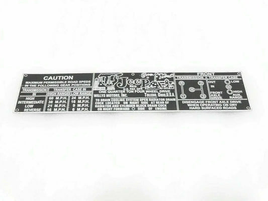 Aluminium information plate with caution text and gear speed diagram