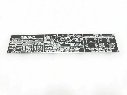 Aluminium information plate with caution text and gear speed diagram