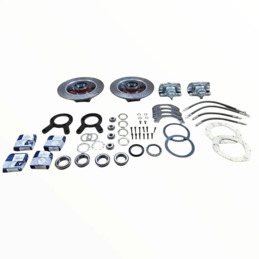 Front disc brake conversion kit with rotors, calipers, brackets, hoses and hardware