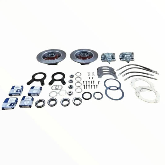 Front disc brake conversion kit with rotors, calipers, brackets, hoses and hardware